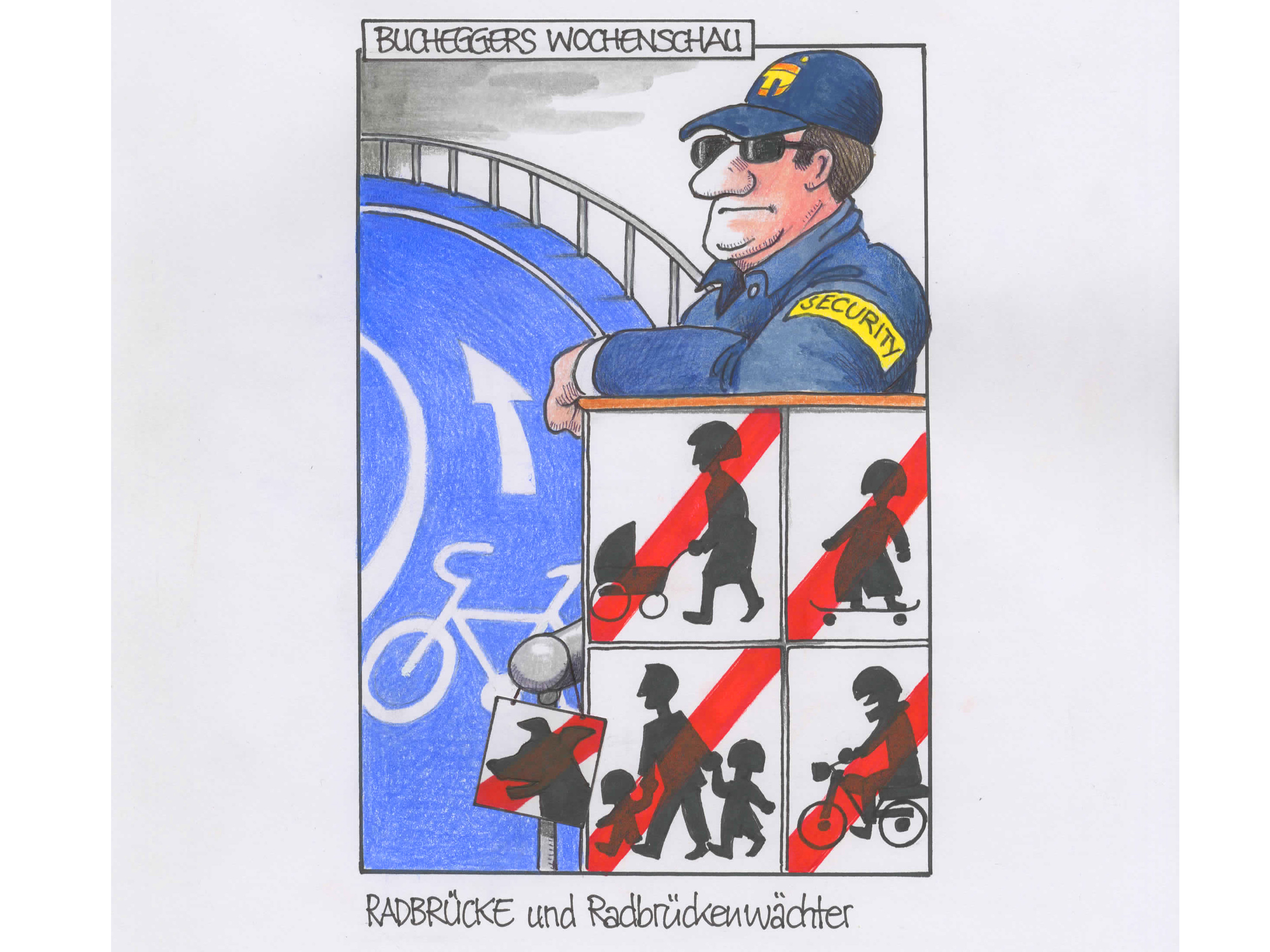Wochenschau „Radbrücke und Radbrückenwächter“, 11.6.2020, Buntstiftzeichnung